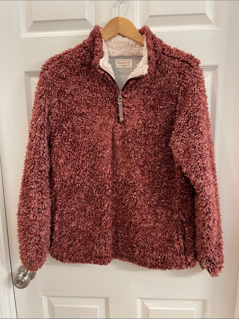 Weatherproof Rust Sherpa Ladies Pullover with Cream Trim Medium